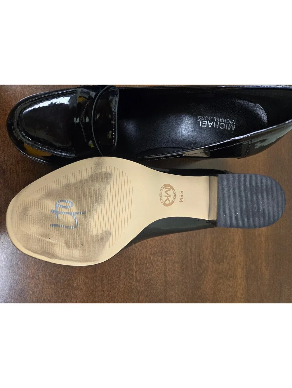 Michael Michael Kors black patent block heel loafers
